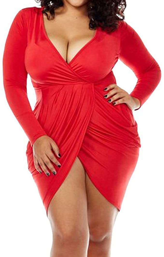 Deep V Plus Size Dress with Slit