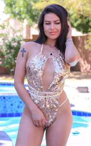 Gold Monokini Sequin Deep V Bathing Suit