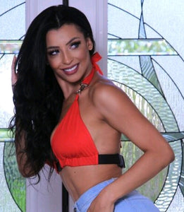 Red and Black Buckle Halter Crop Top