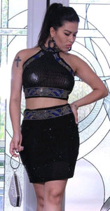Black Two Piece Sheer Beaded Skirt Set