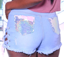 Load image into Gallery viewer, Iridescent Sequin Distressed Shorts