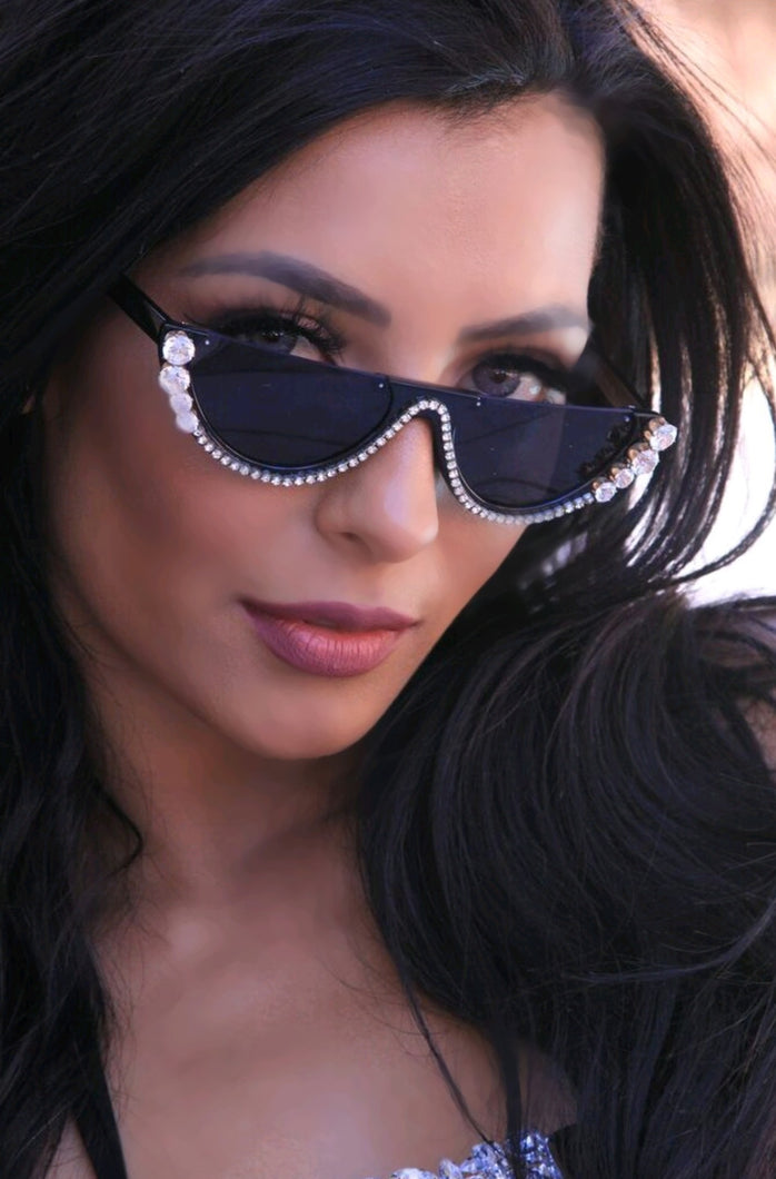 Round Half Frame Rhinestone Sunglasses