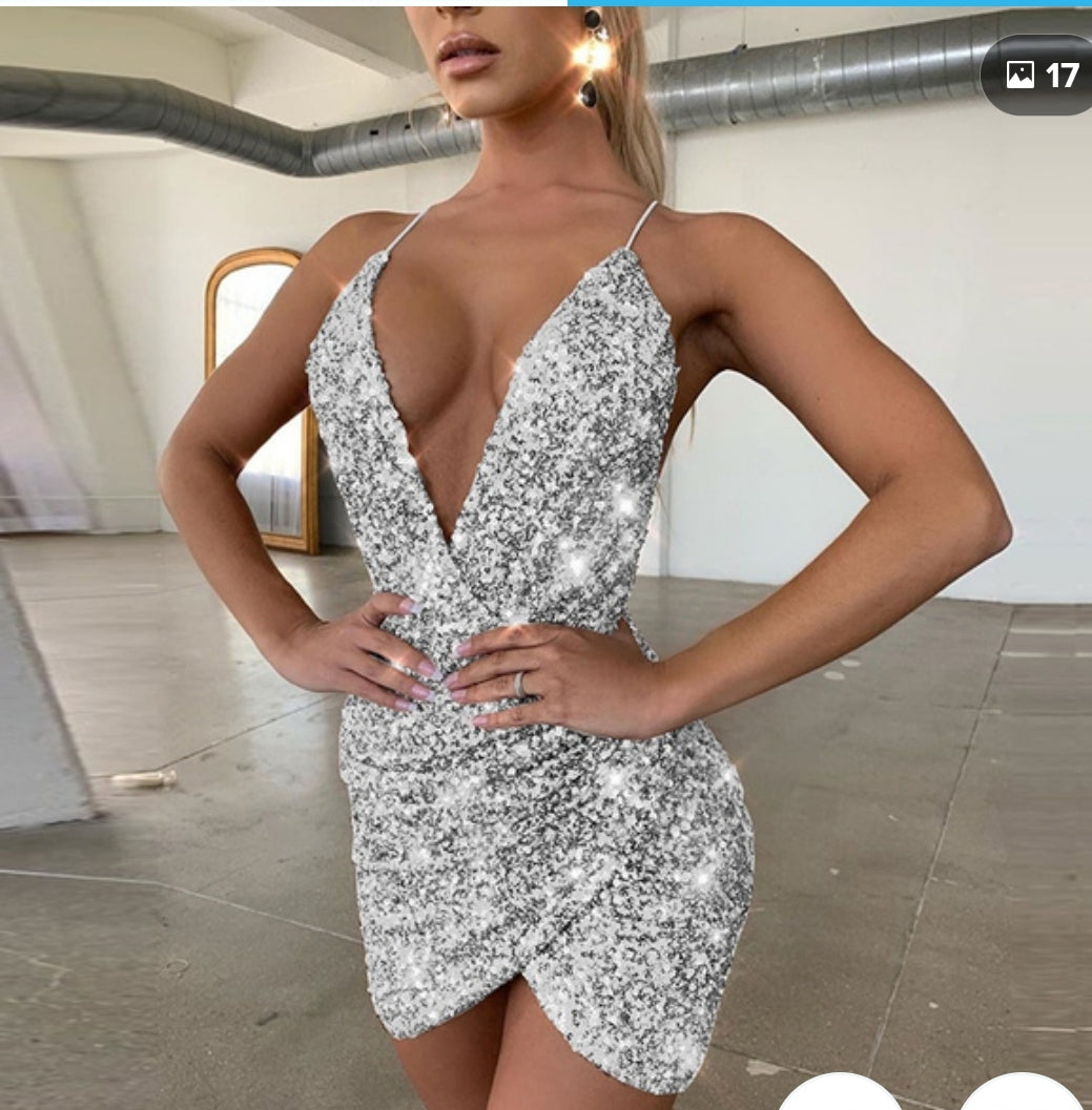 Silver Sequin Mini Dress